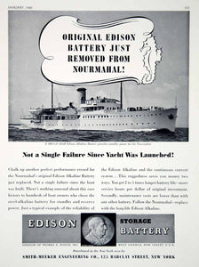1940 Ad Vintage Edison Alkaline Battery Nourmahal Famous Yacht Vincent Astor