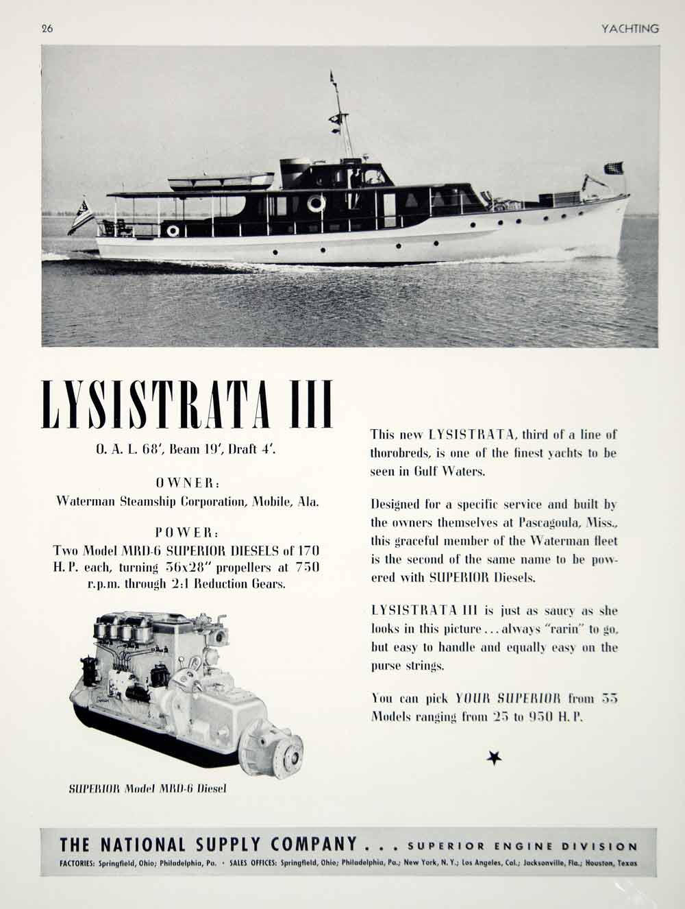 1940 Ad Vintage Superior Marine Diesel Engine Model MRD-6 Lysistrata III Yacht