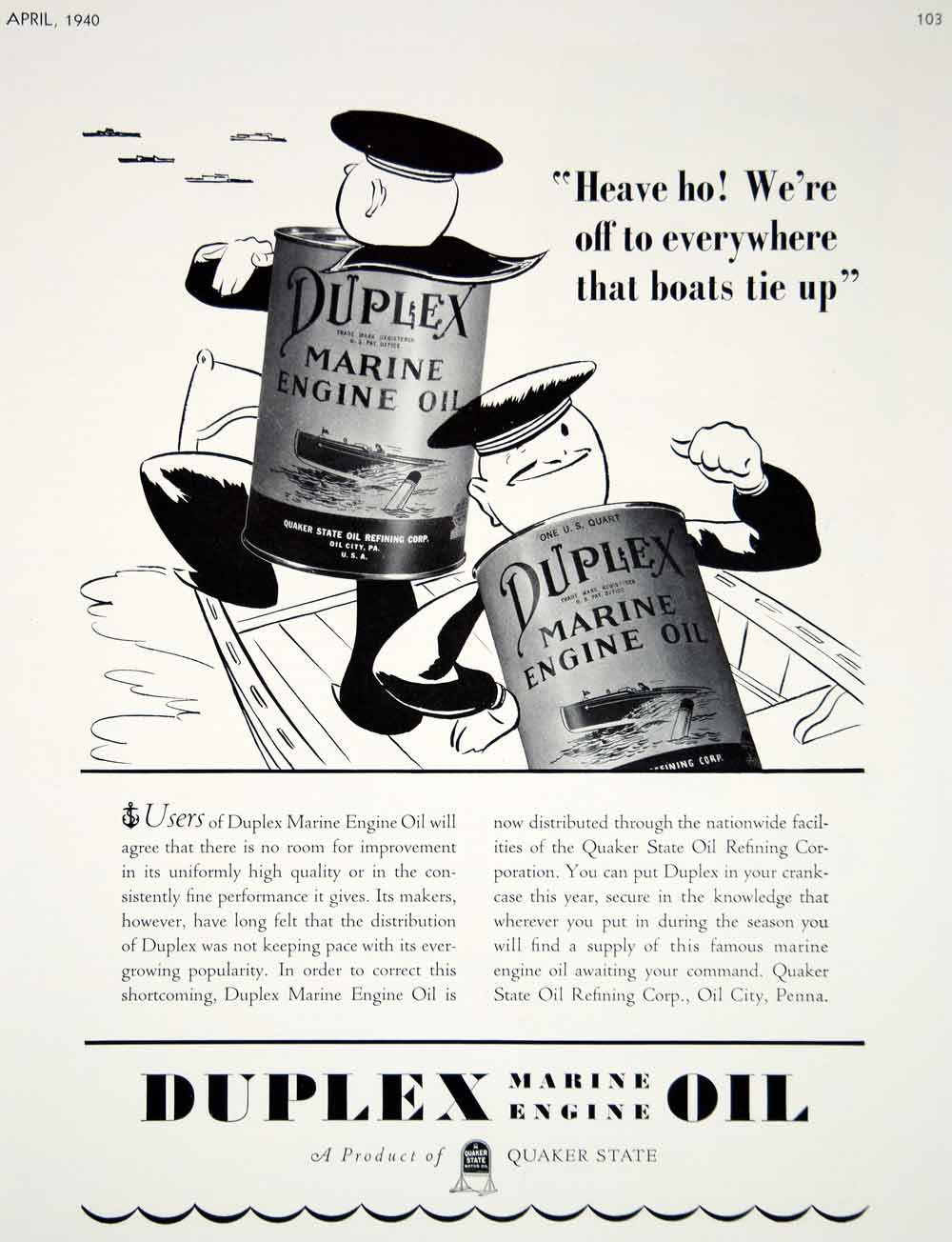 1940 Ad Vintage Duplex Marine Engine Oil Quaker State Refining Boat Cartoon Art