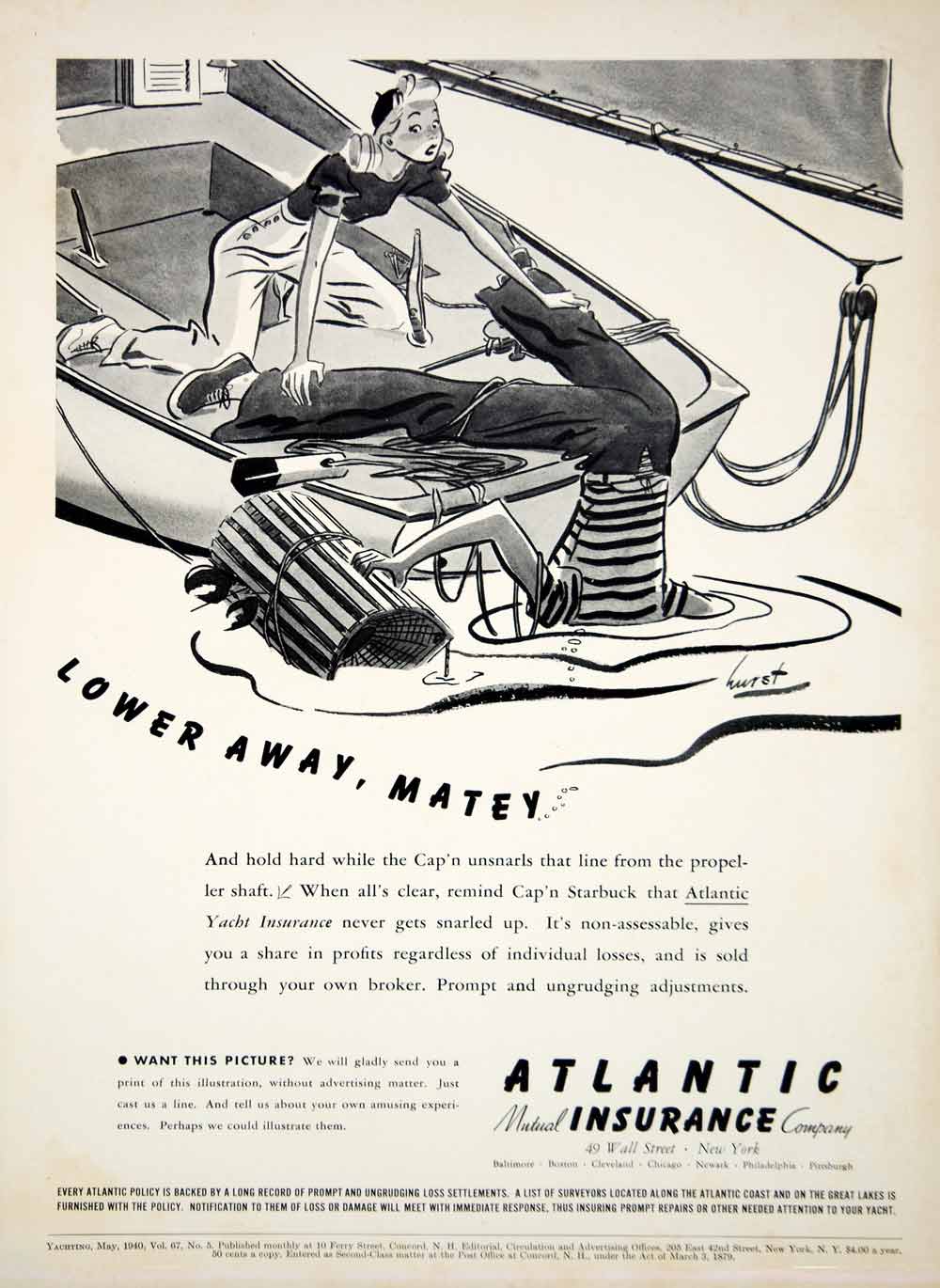 1940 Ad Atlantic Mutual Insurance Yacht Boat Earl Oliver Hurst Cartoon Humorous