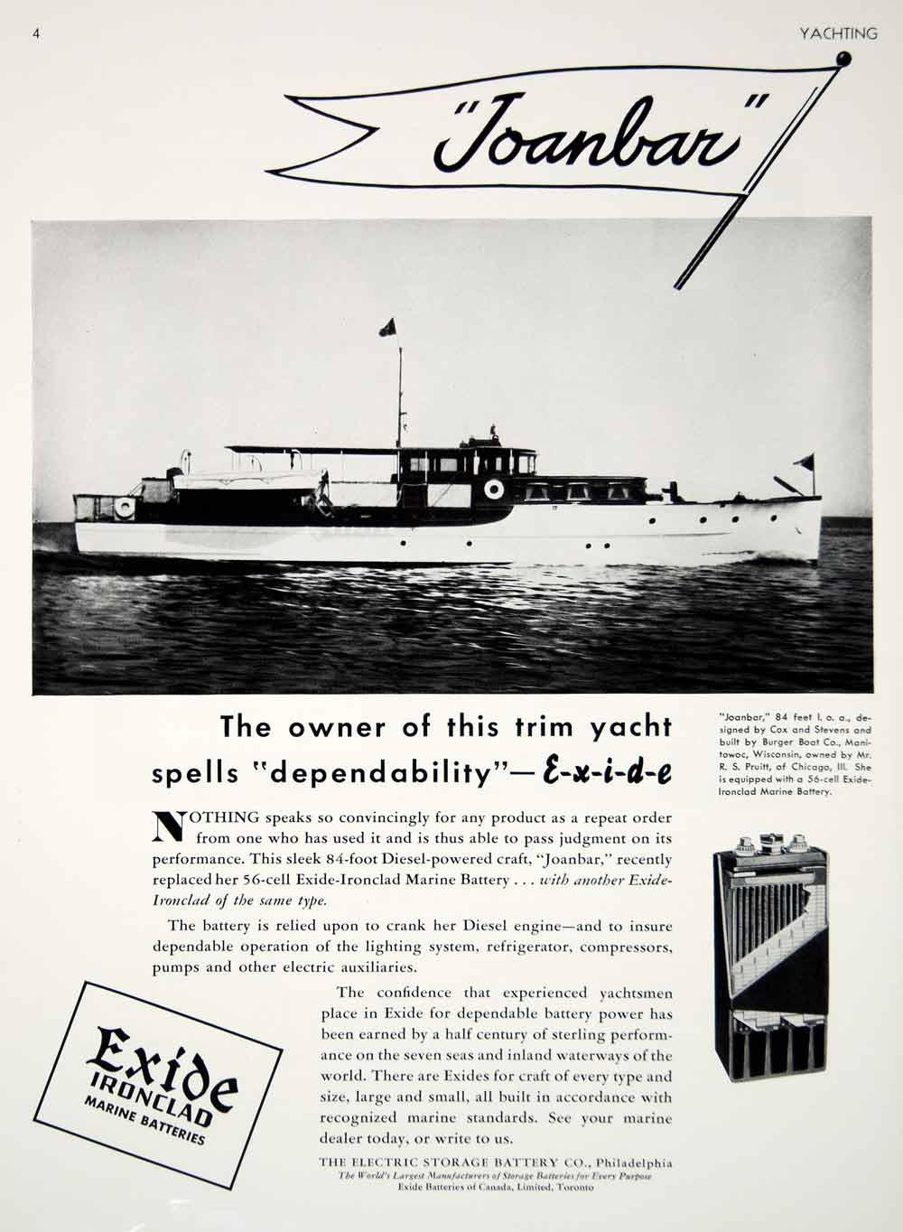 1940 Ad Vintage Exide Marine Batteries Joanbar Yacht R. S. Pruitt Motor Boat