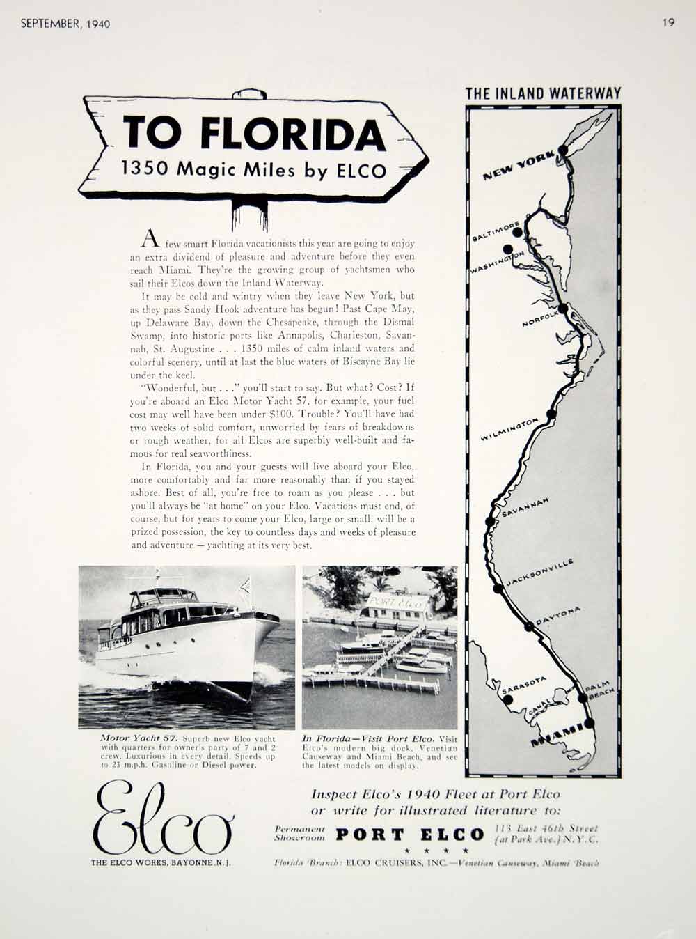 1940 Ad Vintage Port Elco Motor Yacht 57 Inland Waterway Bayonne Florida Boating