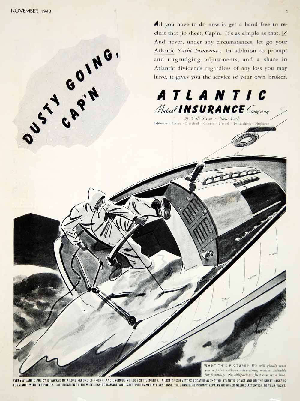 1940 Ad Atlantic Mutual Yacht Boat Insurance Jib Earl Oliver Hurst Cartoon Art