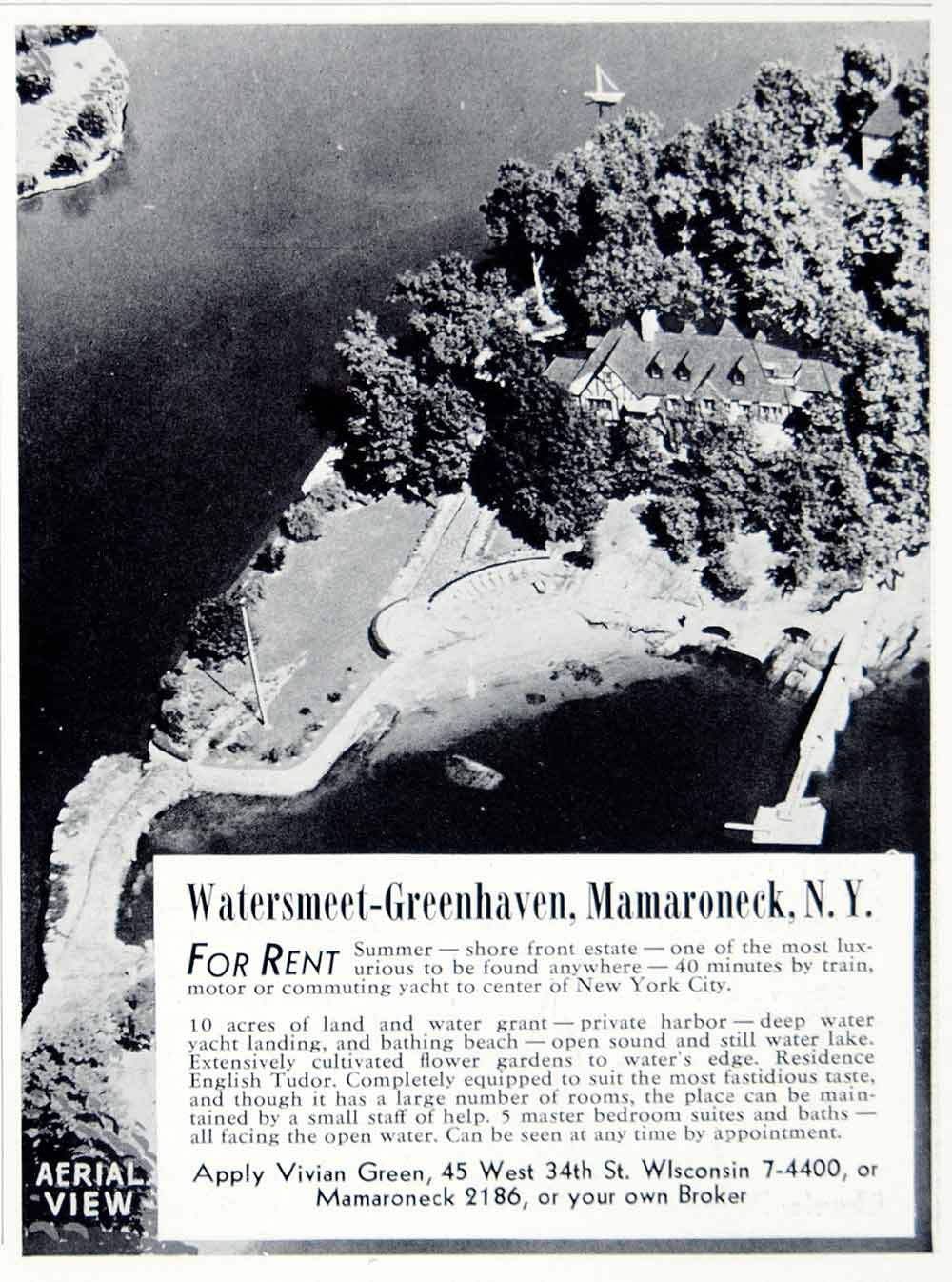1939 Ad Watersmeet Greenhaven Mamaroneck NY Vivian Green Estate Summer Rental - Period Paper
