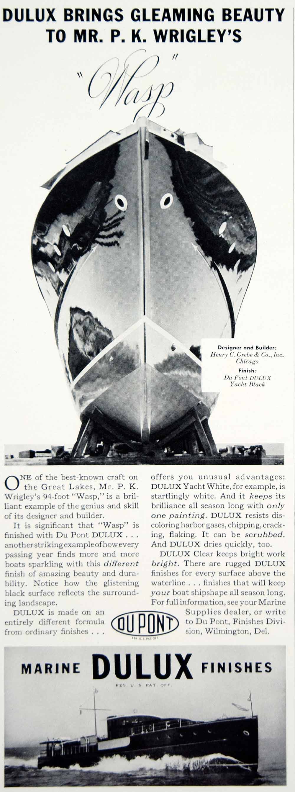 1939 Ad DuPont Dulux Marine Finish Paint Yacht P. K. Wrigley Owner Great Lakes