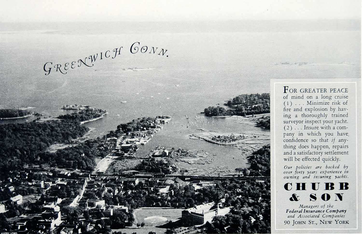 1940 Ad Vintage Chubb & Son Marine Insurance Harbor Greenwich Connecticut Town