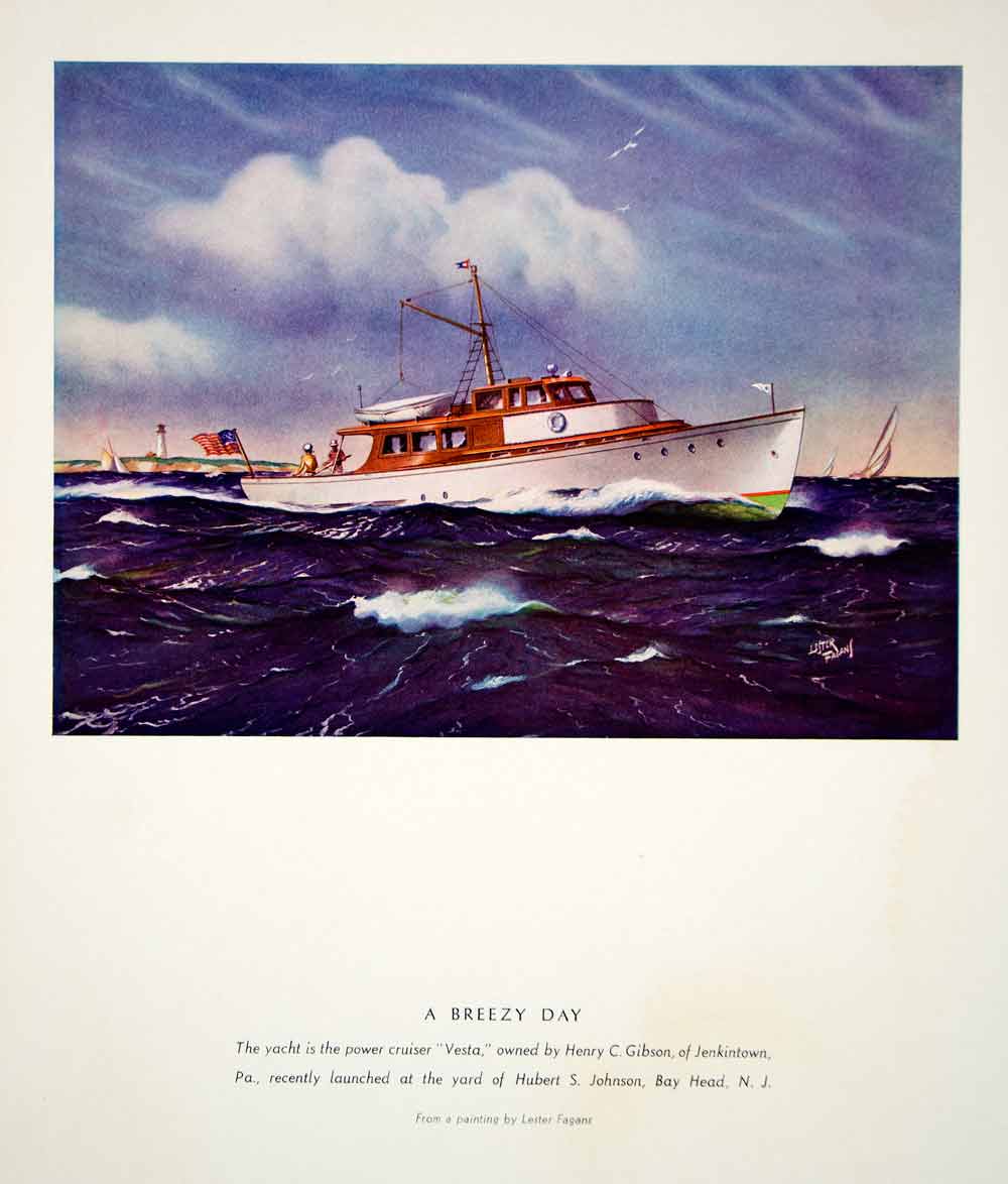 1939 Color Print Lester Fagans Art Vesta Yacht Cruiser Henry C Gibson Jenkintown
