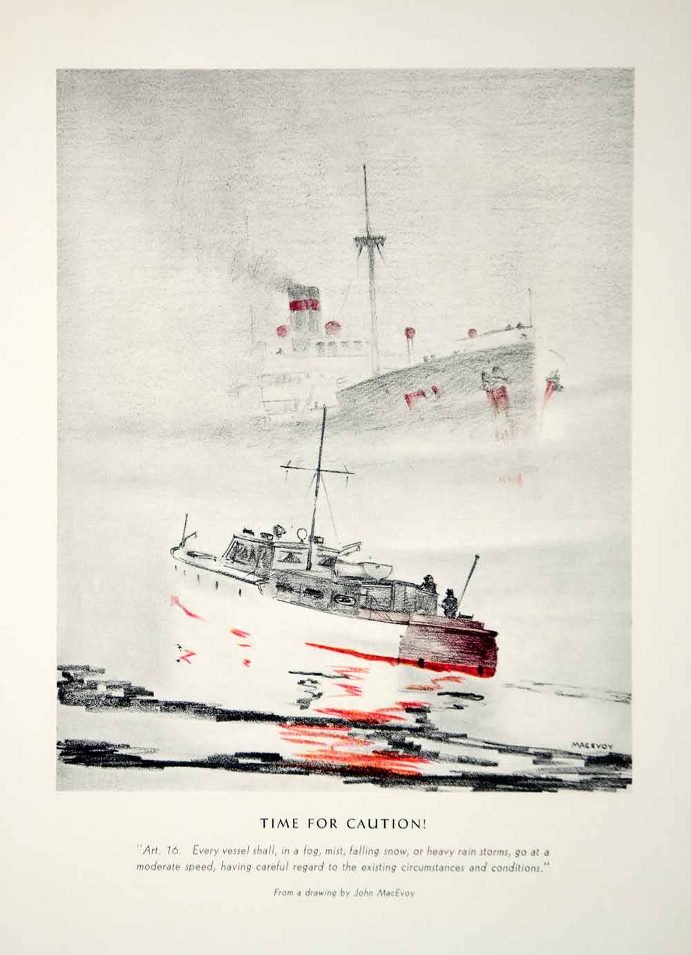 1940 Color Print John MacEvoy Art Navigation Rules of Sea Ship Fog Speed Boat
