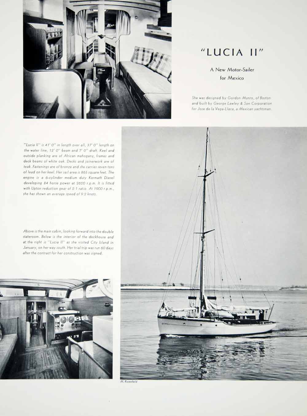 1939 Print Lucia II Motor Sailor Yacht Sailboat Sailing Deckhouse Main Cabin