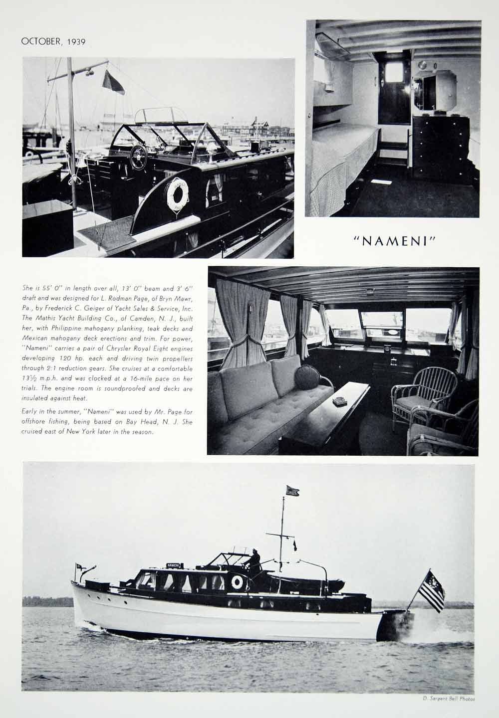 1939 Print Nameni Mathis Yacht Boat Interior Cabin L. Rodman Page Bryn Mawr PA