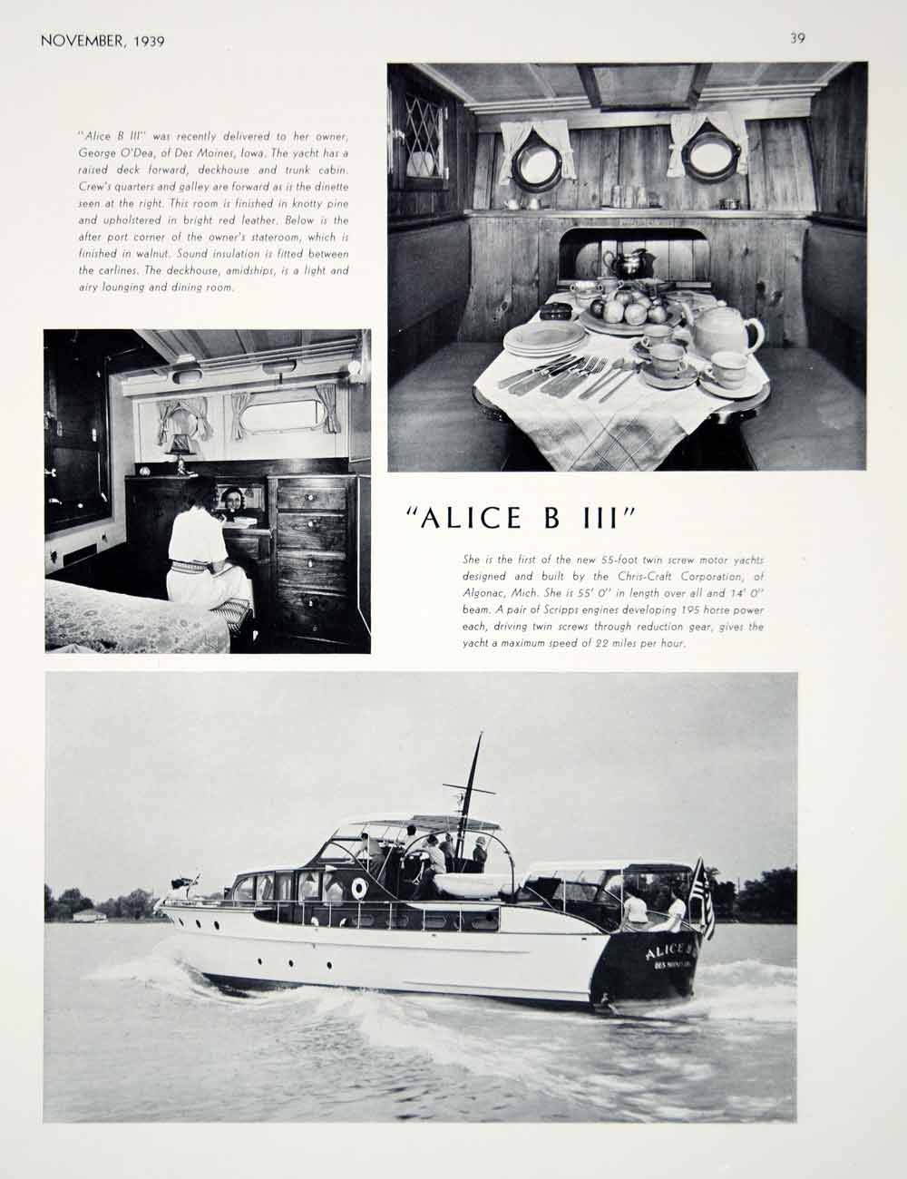 1939 Print Alice B III Chris Craft Yacht Boat Interior George O'Dea Des Moines