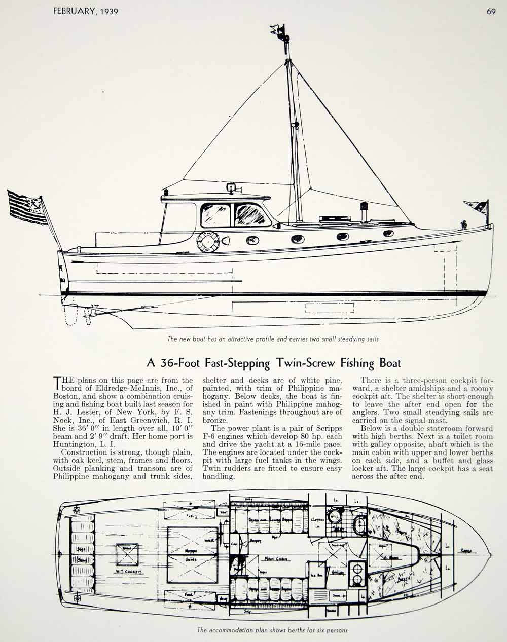 1939 Article Twin Screw Fishing Cruising Boat H. J. Lester Diagram