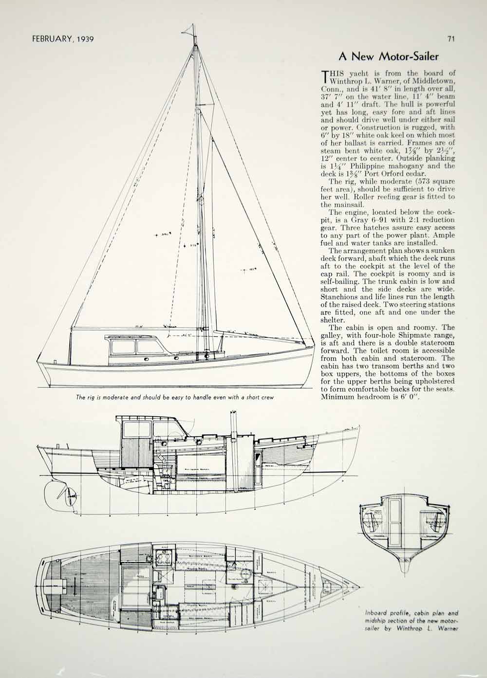 1939 Article Yacht Motor Sailer Sailboat Winthrop L. Warner Middletown CT Plans