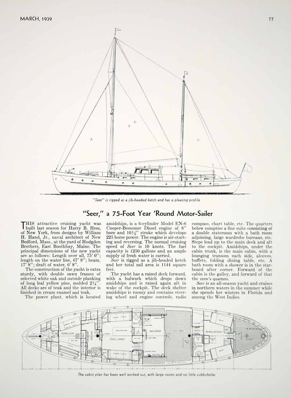 1939 Article Seer Cruising Yacht Sailboat William Hand Cabin Plan Harry B Hess