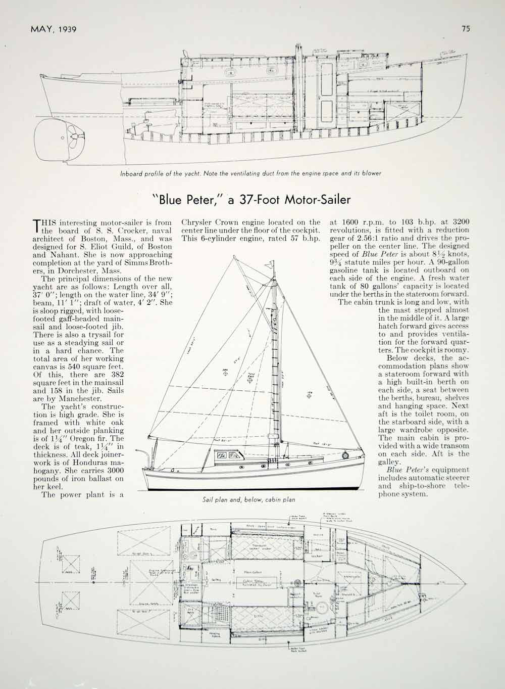 1939 Article Blue Peter Sailboat Yacht Samuel Sturgis Crocker Sail Cabin Plans - Period Paper
