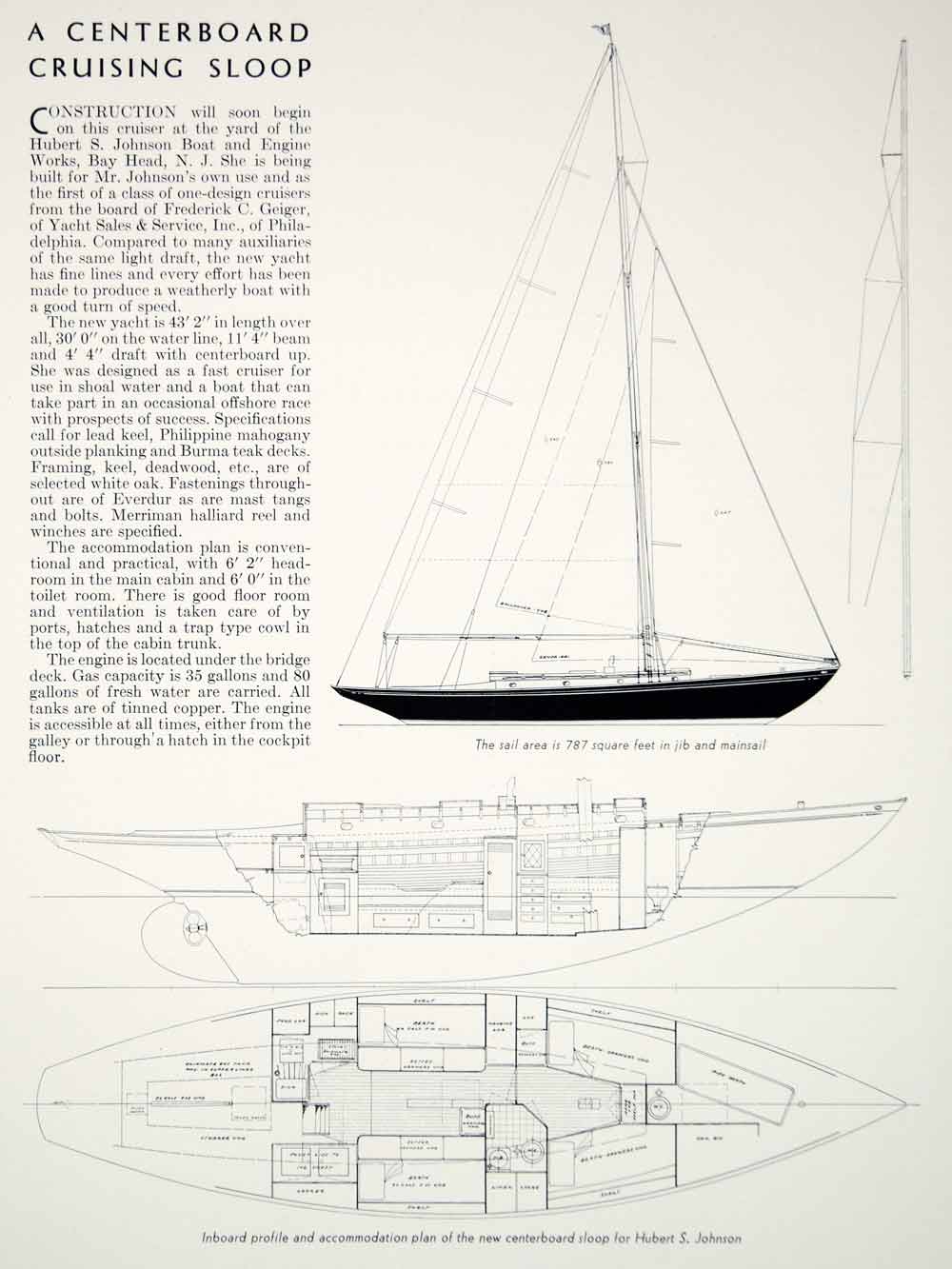 1940 Article Centerboard Cruising Sloop Yacht Sailboat Plans Hubert S. Johnson