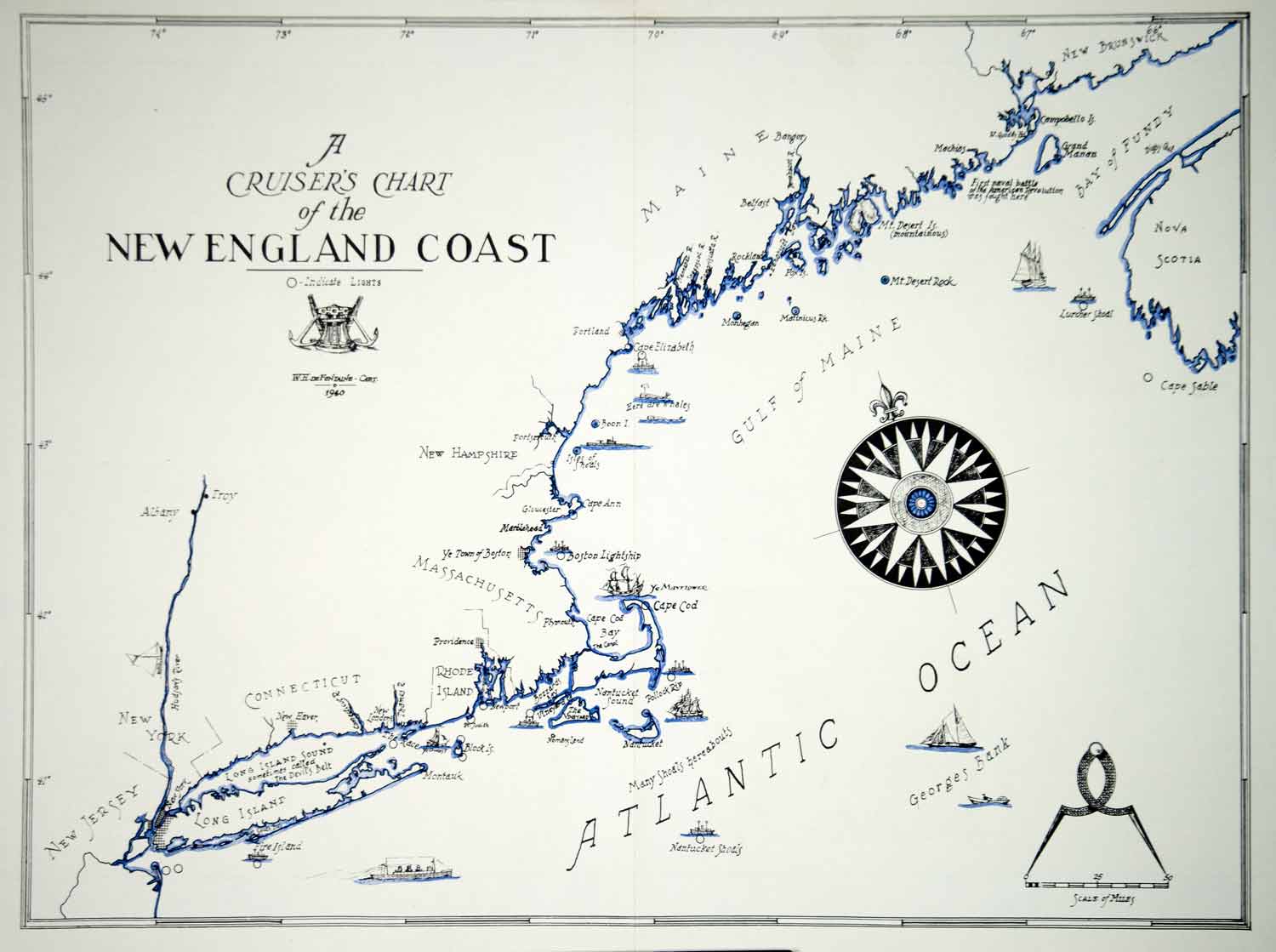 1940 Lithograph Map Great Lakes Cruising Sailing Chart New England Coast Boating