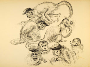 1944 Print Pen Wildlife Monkeys Play Ernst Denzler Art ORIGINAL HISTORIC ZMT1