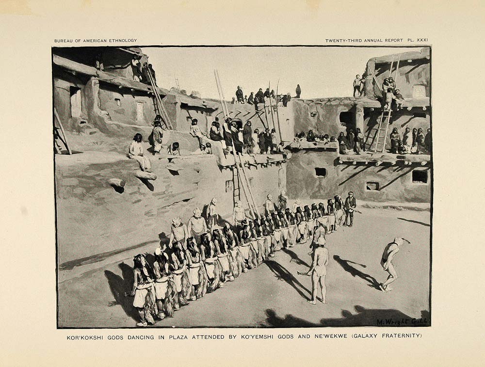 1904 Print Zuni Pueblo Dance Korkokshi Gods Newekwe - ORIGINAL HISTORIC ZN1