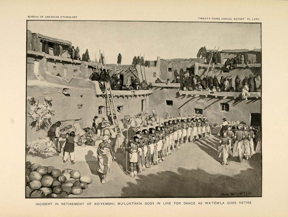 1904 Print Zuni Ceremony Muluktakia Gods Kachinas Gill ORIGINAL HISTORIC ZN1