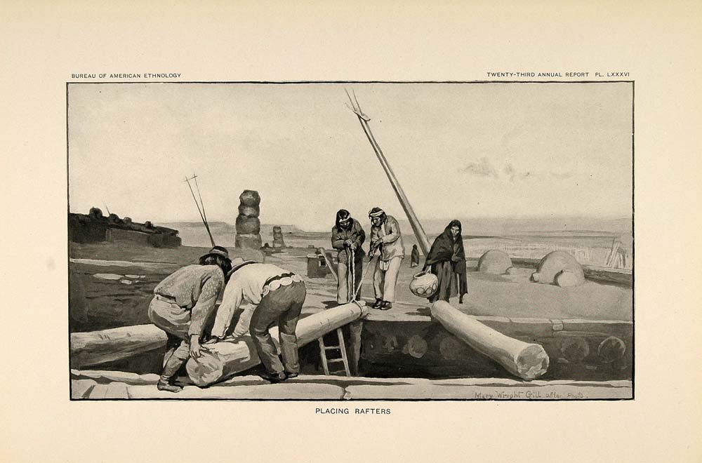 1904 Print Zuni Men Pueblo Log Rafters Mary Wright Gill ORIGINAL HISTORIC ZN1