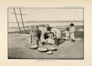 1904 Print Zuni Pueblo Woman Baking Bread Adobe Oven - ORIGINAL HISTORIC ZN1