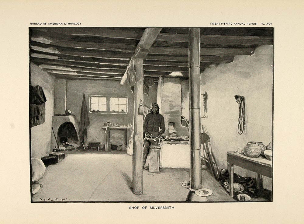 1904 Print Zuni Indian Silversmith Shop Adobe Interior ORIGINAL HISTORIC ZN1