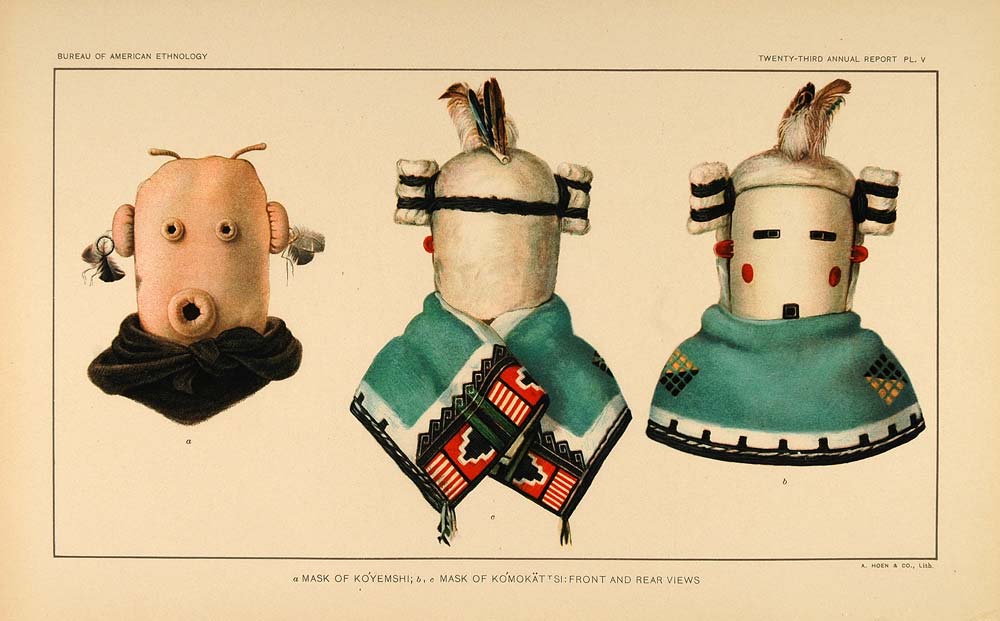 1904 Zuni Pueblo Indian Masks Koyemshi God Lithograph - ORIGINAL ZN1