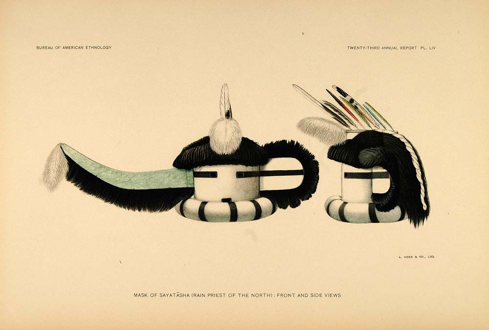 1904 Zuni Indian Mask Sayatasha Rain Priest Lithograph - ORIGINAL ZN1