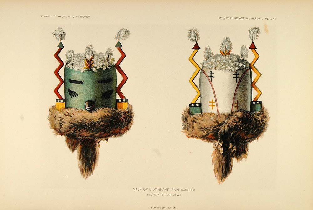 1904 Zuni Ceremony Uwanami Mask Rain Makers Lithograph - ORIGINAL ZN1