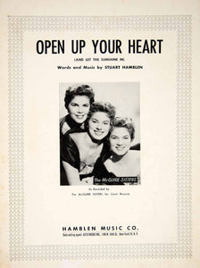 1953 Sheet Music Open Up Your Heart McGuire Sisters Trio Singers Stuart ZSM1
