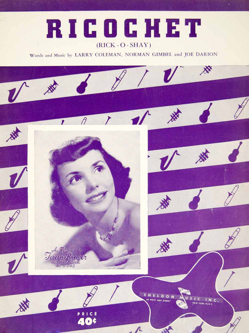1953 Sheet Music Ricochet Teresa Brewer Larry Coleman Norman Gimbel Joe ZSM1