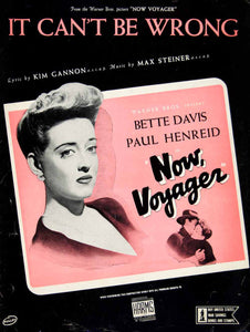 1942 Sheet Music It Can't Be Wrong Now Voyager Bette Davis Warner Brothers ZSM1