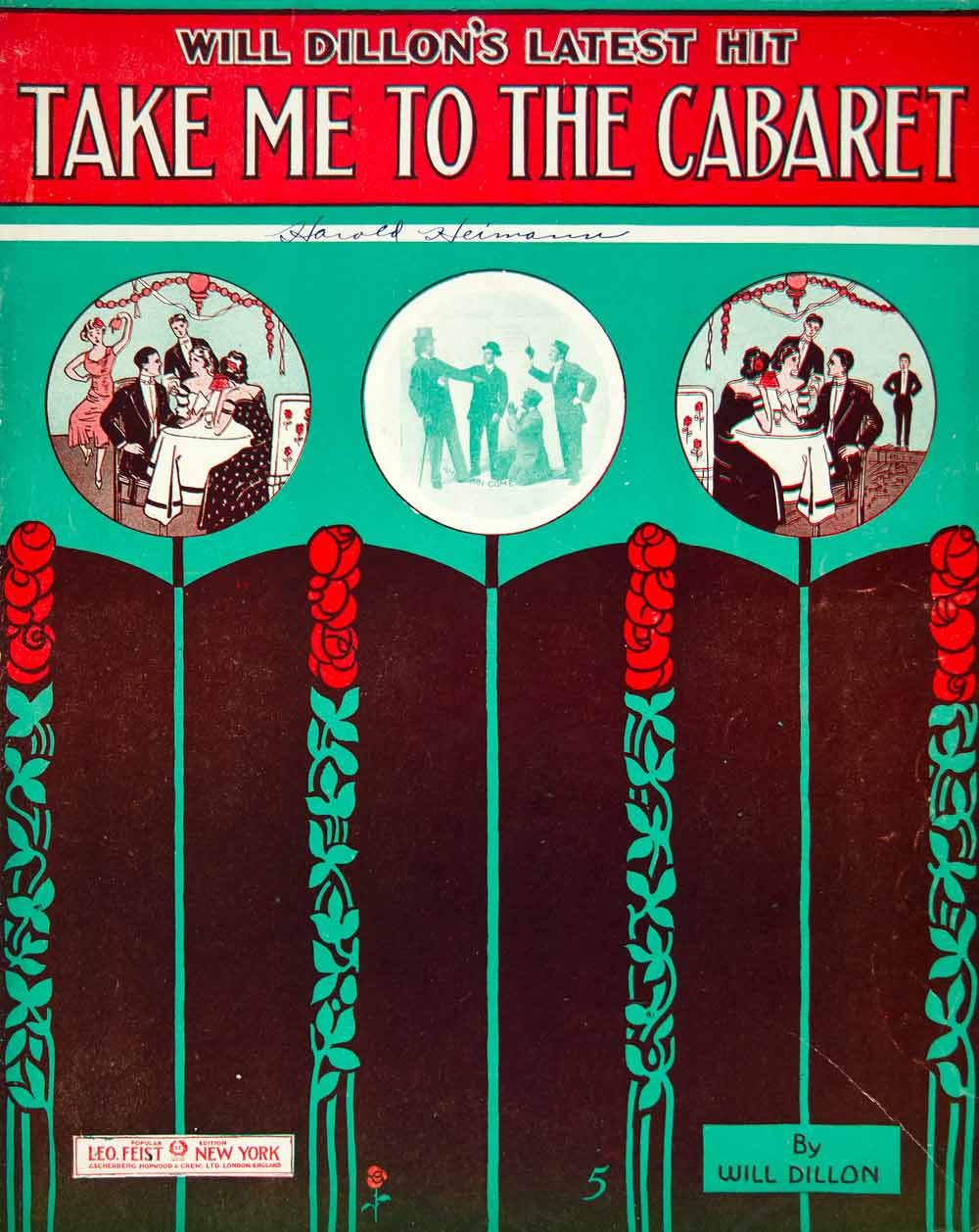 1912 Sheet Music Take Me To the Cabaret Will Dillon Leo Feist Art Nouveau ZSM2