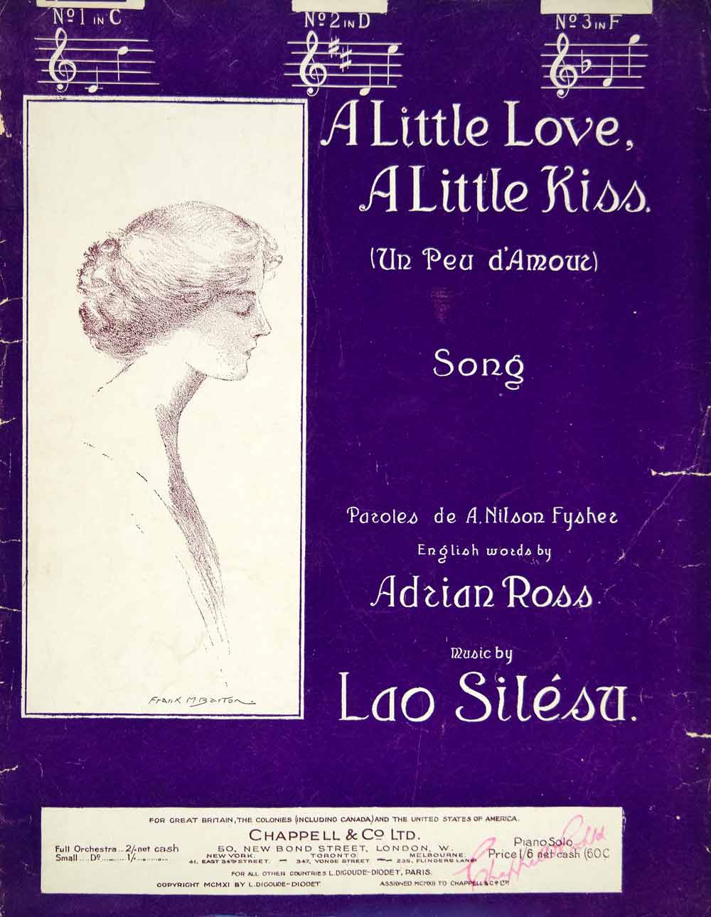 1912 Sheet Music A Little Love A Little Kiss Peu d'Amour Adrian Ross Lao ZSM2