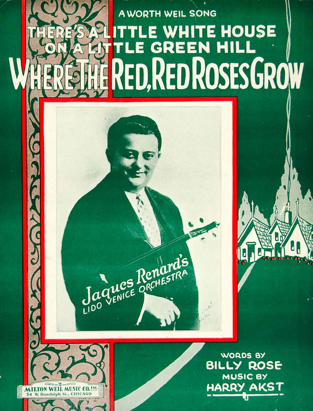 1926 Sheet Music Where the Red Red Roses Grow Jacques Renard Lido Orchestra ZSM3