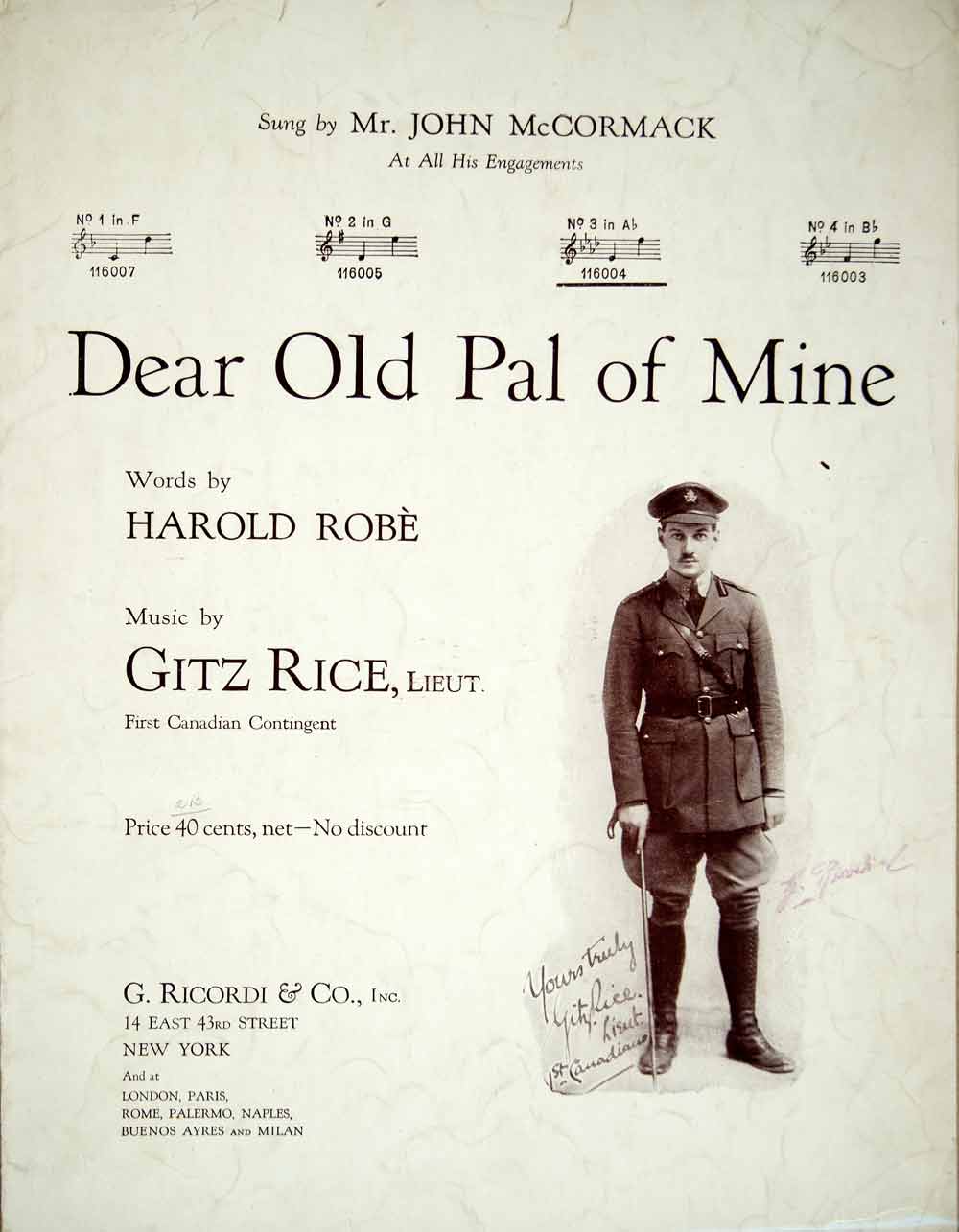 1918 Sheet Music Dear Old Pal Mine World War I Soldier WWI Song Gitz Rice ZSM7