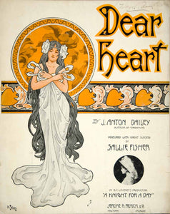 1908 Sheet Music Dear Heart Art Nouveau Lady J. Anton Dailey Sallie Fisher ZSM7