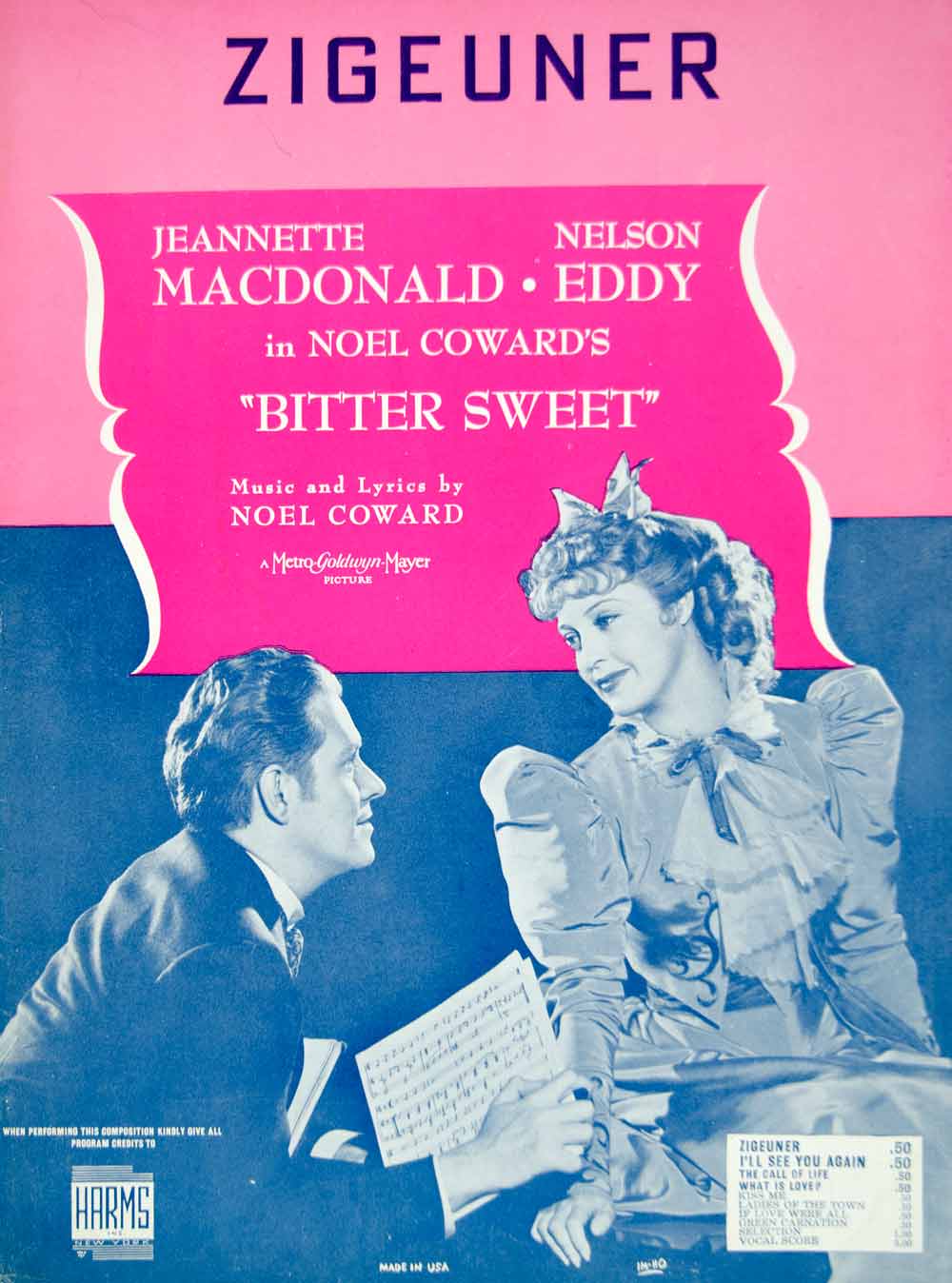 1929 Sheet Music Zigeuner Noel Coward Bitter Sweet 1940 Movie Nelson Eddy ZSM8