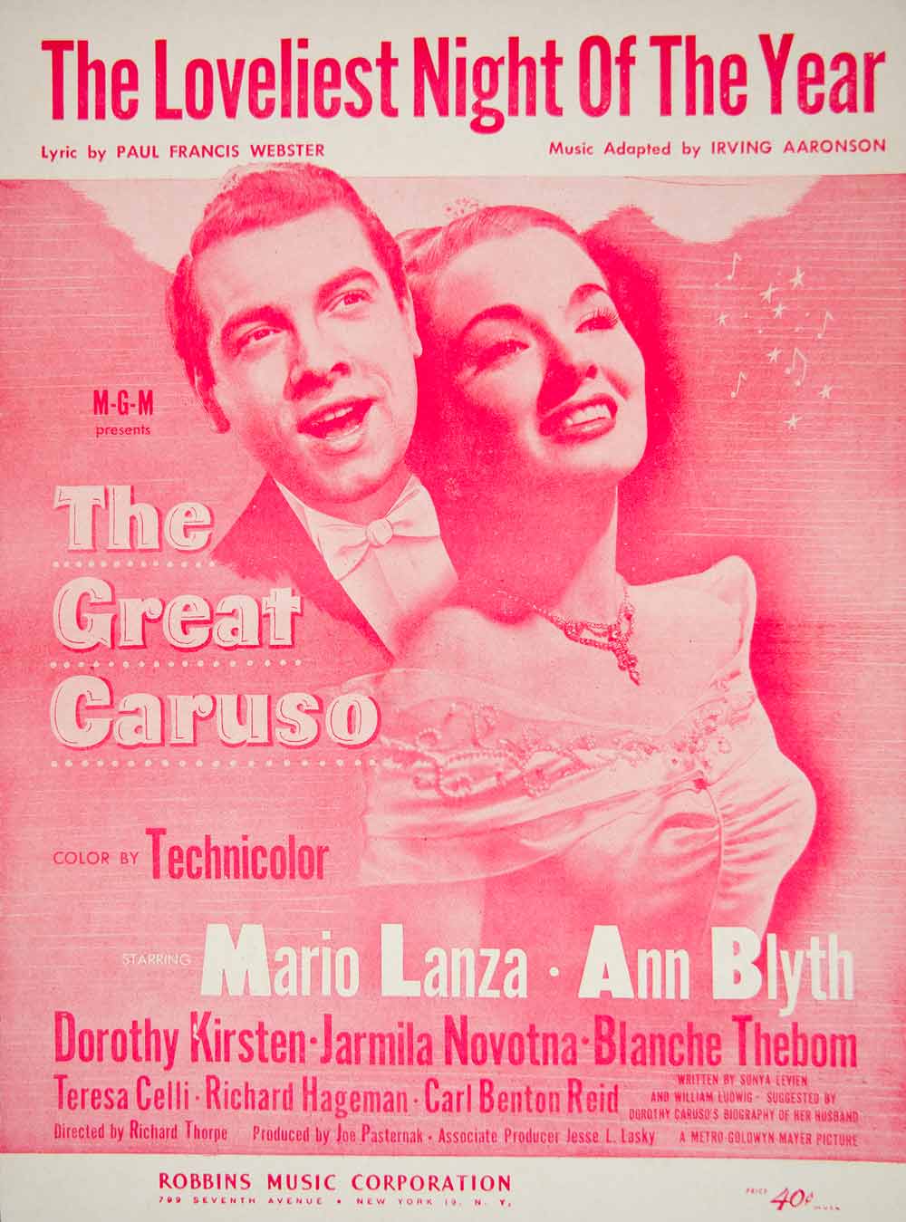 1951 Sheet Music The Loveliest Night of the Year Great Caruso Movie Song ZSM8