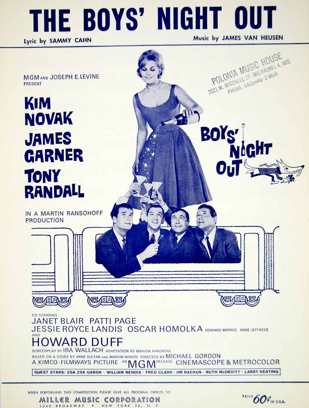 1962 Sheet Music Boys Night Out Movie Song MGM Film Kim Novak James Garner ZSM8