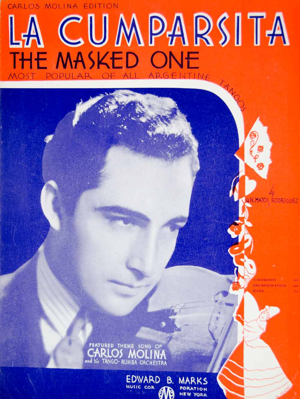 1937 Sheet Music La Cumparsita The Masked One Carlos Molina Argentina Tango ZSM9