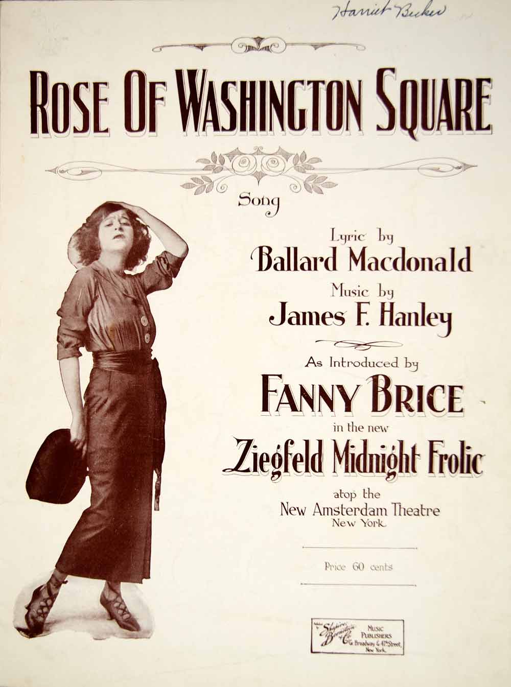 1920 Sheet Music Rose of Washington Square Fanny Brice Singer Ziegfeld ZSMA1