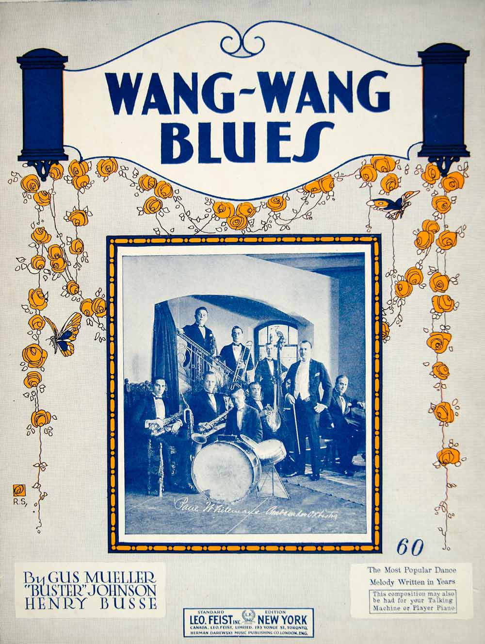 1921 Sheet Music Wang-Wang Blues Paul Whiteman Ambassador Orchestra Band ZSM1