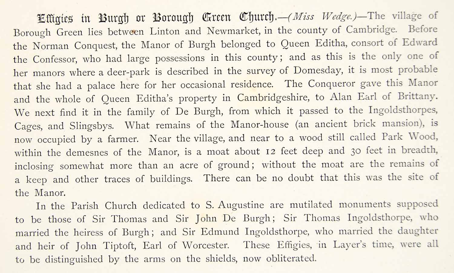 1871 Lithograph Wedge Art de Burgh Effigy Tomb Borough Green Kent England ZZ10