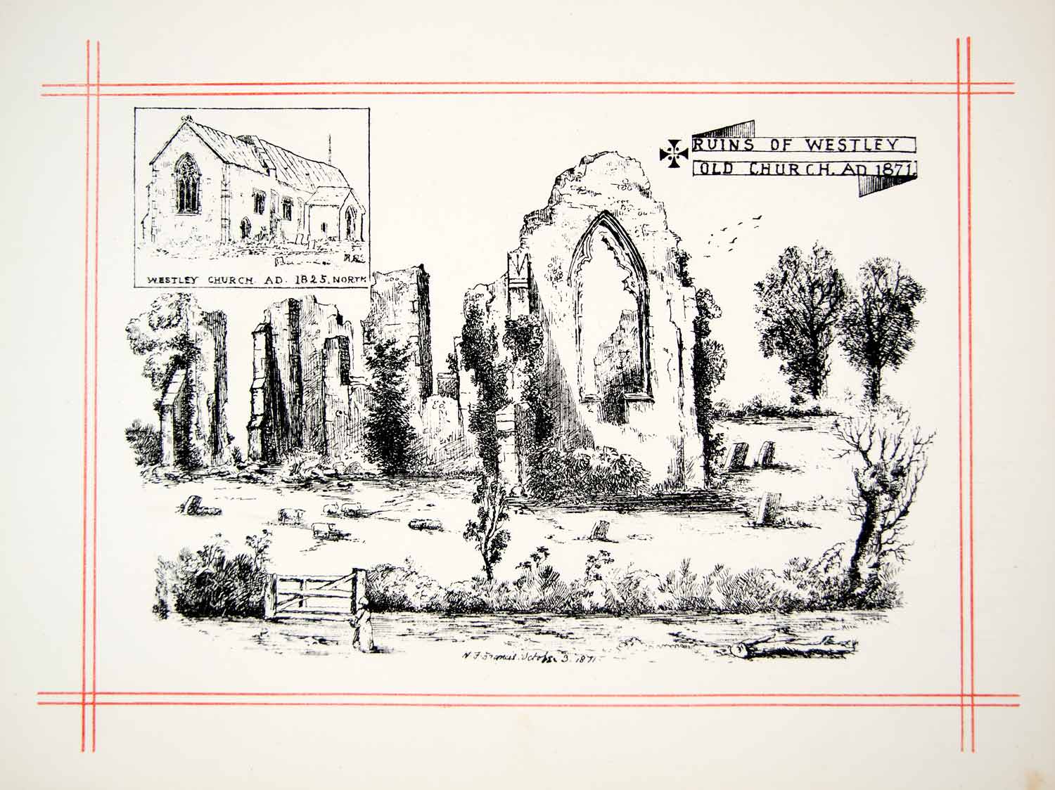 1871 Lithograph WF Francis Art St Thomas Martyr Church Westley Suffolk UK ZZ10