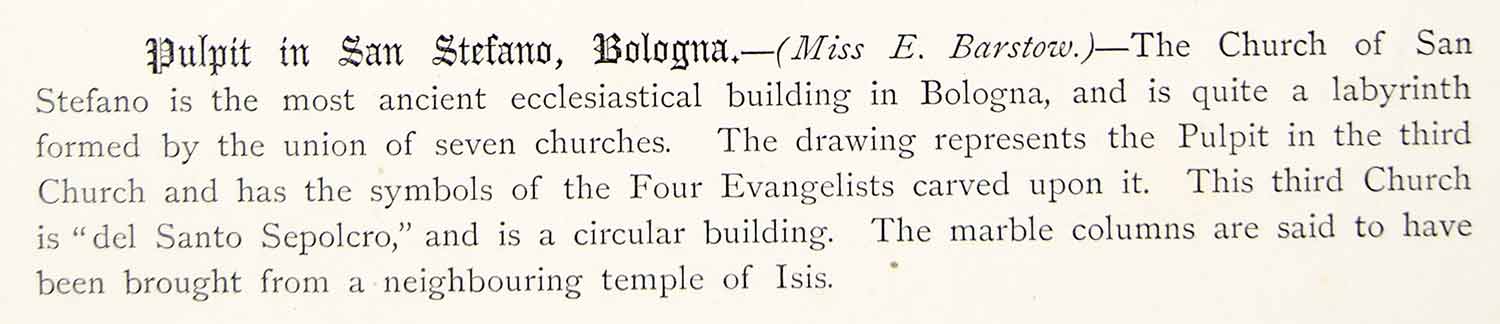 1871 Lithograph E Barstow Art Pulpit Basilica Santo Stefano Bologna Italy ZZ10
