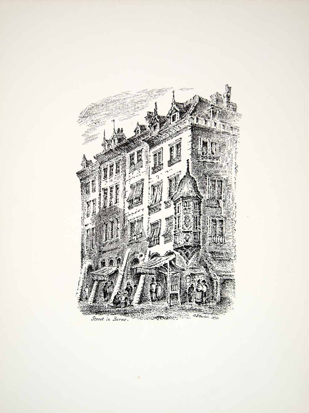 1872 Lithograph MF Hasker Art Street Bern Switzerland Europe City Building ZZ11