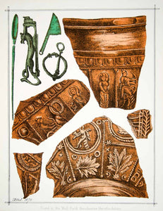 1873 Lithograph H Strickland Art Roman Pottery Archaeology Magna Castra UK ZZ12