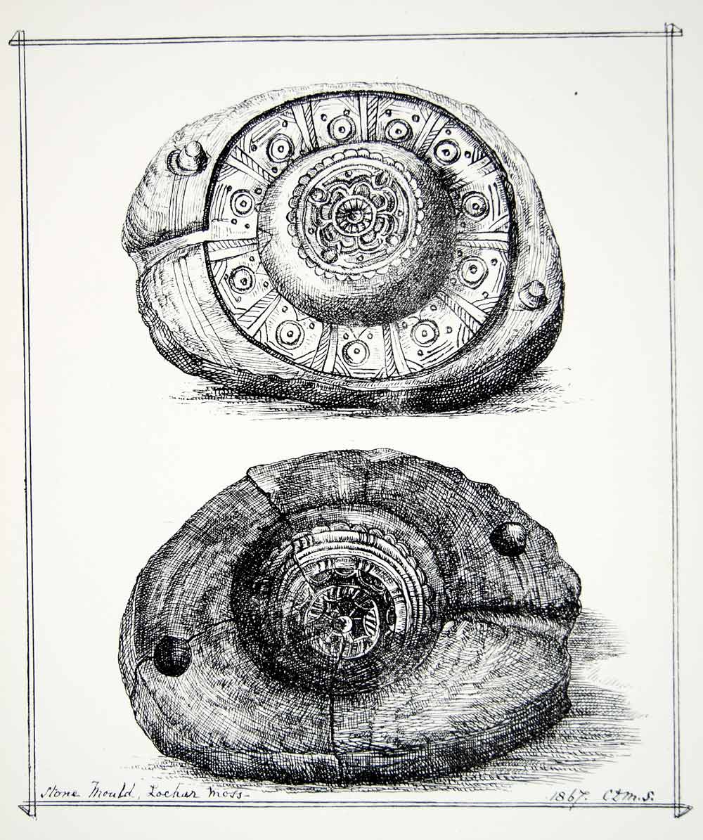 1876 Lithograph H Strickland Art Greywacke Stone Mould Archaeology Celtic ZZ13